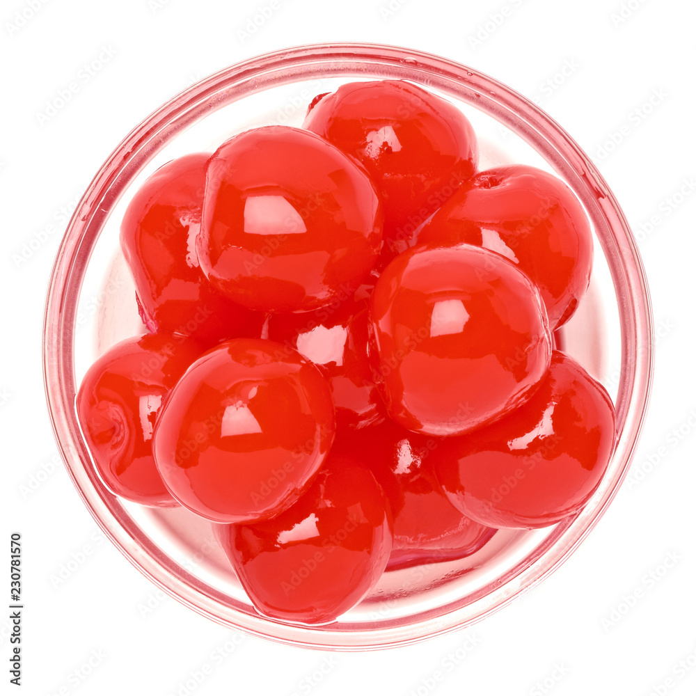 Maraschino cherries in jar from top view isolated on white background