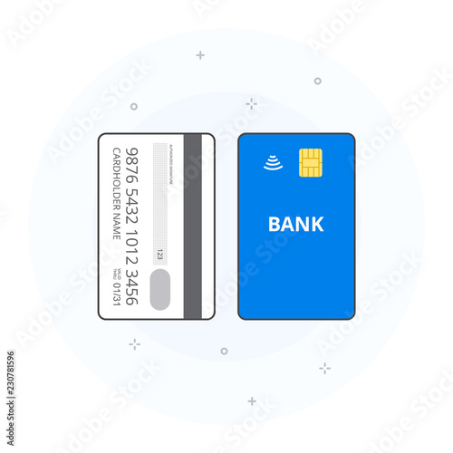 Concept of contactless vertically orientated payment card. Bank card including cardholder name, card number and expiry date, chip. Vector illustration, white background.