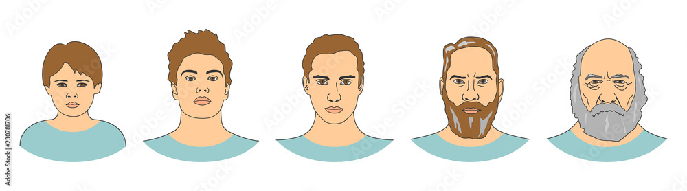 Set of male portraits from child to senior. Generation of men at different ages: boy, teenager, young, adult, old. Vector illustration, outline style. Set of male portraits from child to senior. Generation of men at different ages: boy, teenager, young, adult, old. Vector illustration, outline style.