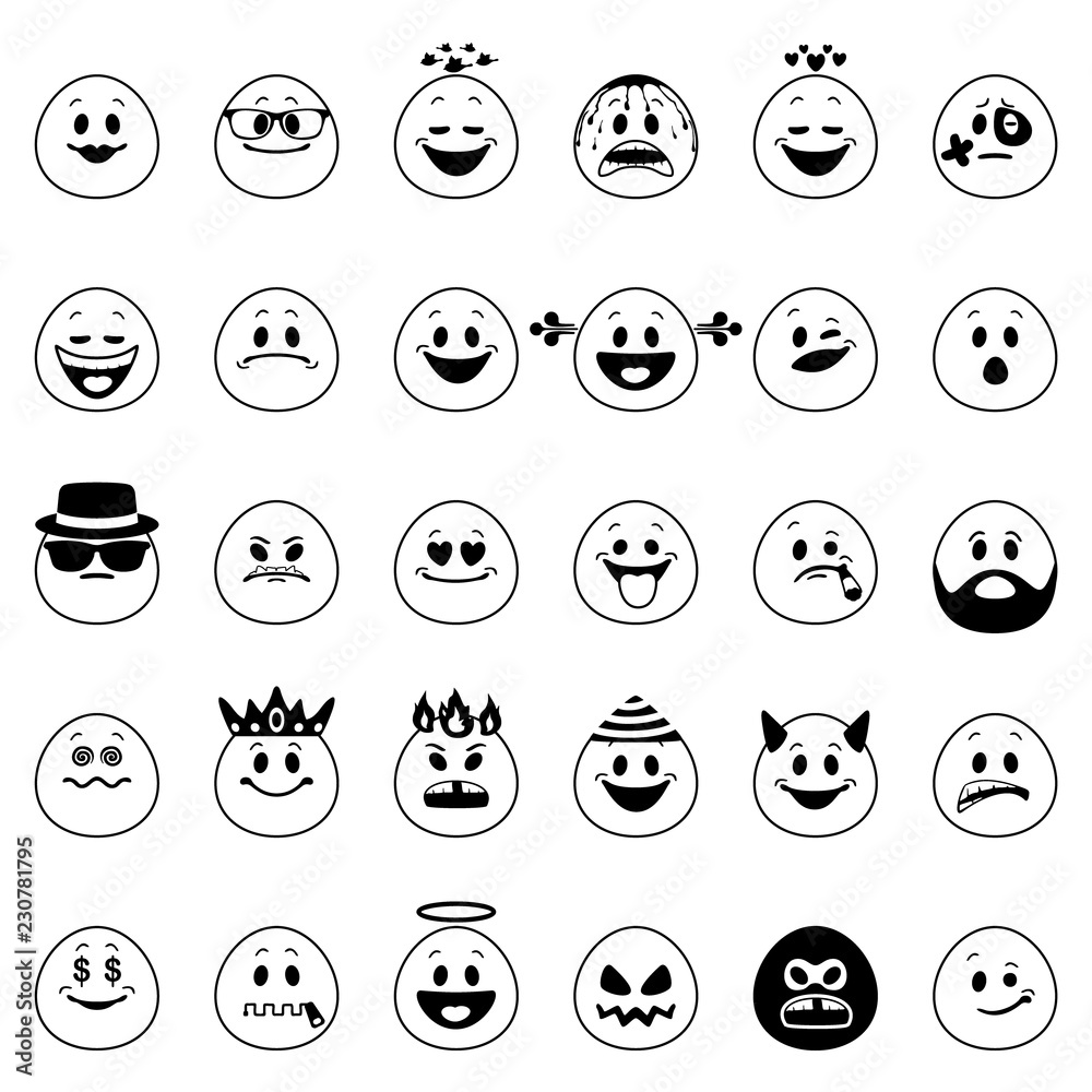 Vector set of emoji. Collection of smiley emoticons in outline style isolated on white background. Vector set of emoji. Collection of smiley emoticons in outline style isolated on white background.