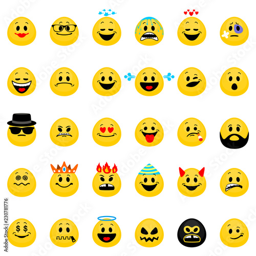 Vector set of emoji. Collection of smiley emoticons in flat style isolated on white background.