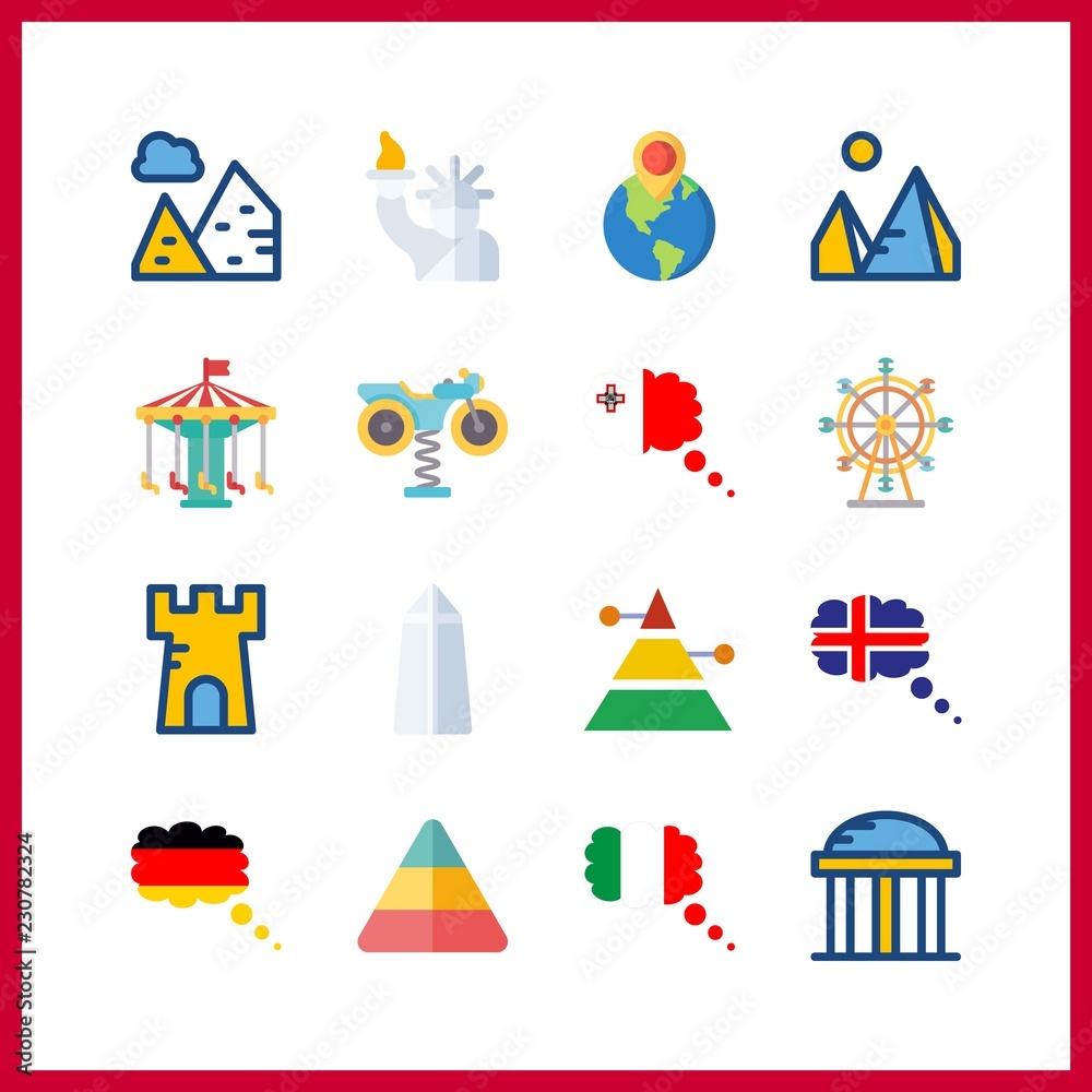 attraction icons set. reflection, tower, archaeology and picture graphic works attraction icons set. reflection, tower, archaeology and picture graphic works