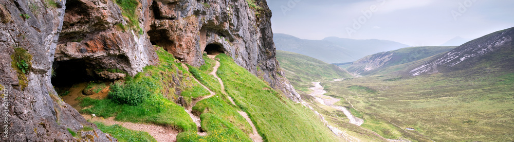 Beautiful landscape panorama of Creag nan Uamh or the Bone Caves, Scotland, United Kingdom