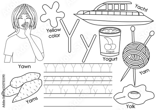 Letter Y. Learning English alphabet with pictures and writing practice for children. Coloring book. Vector illustration.