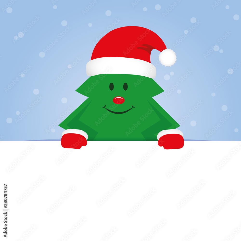 happy cute christmas tree on blue snowy background