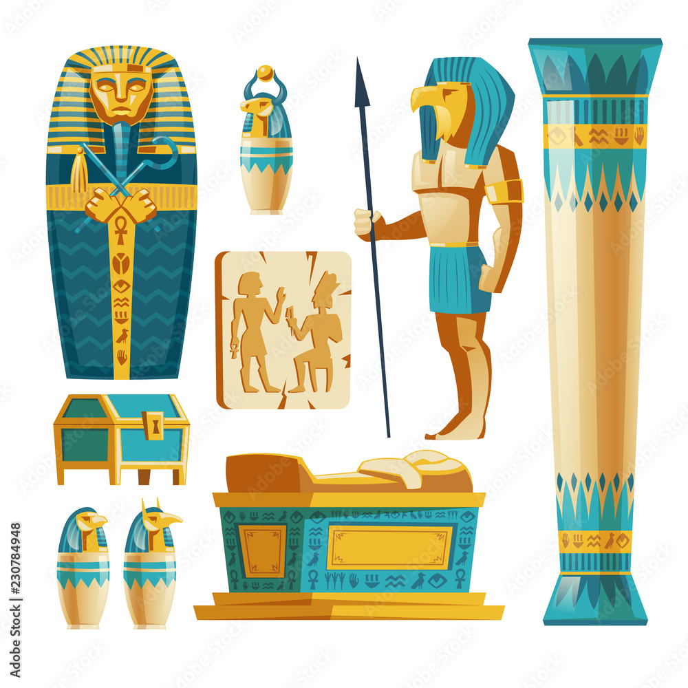 Vector cartoon set of ancient Egypt objects isolated on background. Egyptian  civilization, mythology and religion. Statue of god with animal head,  sarcophagus of pharaoh with hieroglyphs and symbols Stock Vector | Adobe