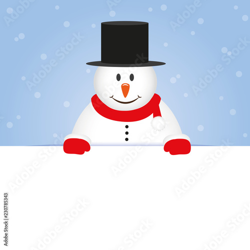 happy cute snowman on blue snowy background