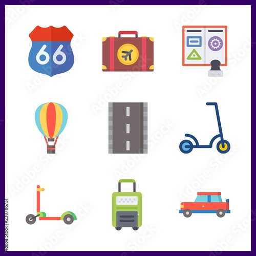 9 trip icon. Vector illustration trip set. hot air balloon and suitcase icons for trip works