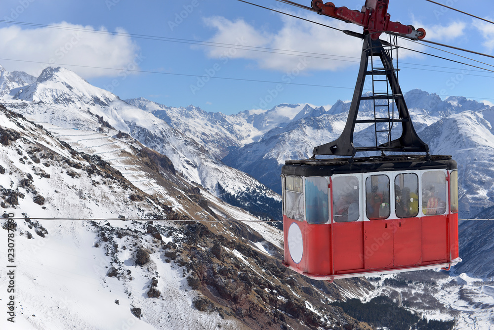 Naklejka premium Old cable car to mount Elbrus on a Sunny winter day.