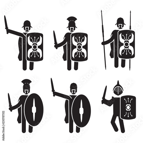 Roman warriors and soldiers icon set. Legionary and Gladiator. Vector.