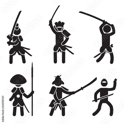 Japanese warrior icon set. Samurai and Ninja. Vector. photo