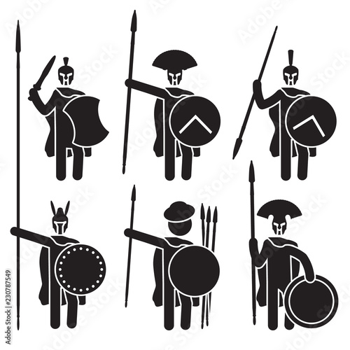 Greek warriors icon set. Spartans, Macedonian phalanx and others. Vector.