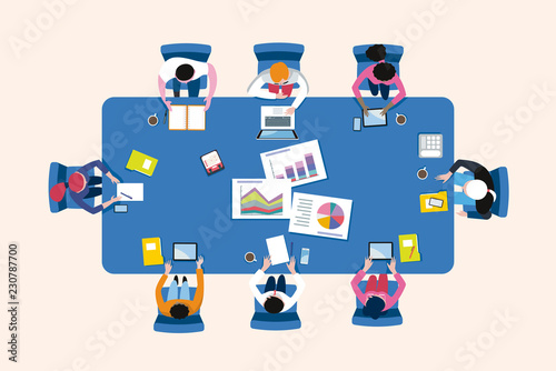 Business Meeting Arround a Conference Table in a Top View