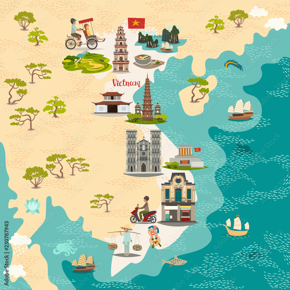 Vietnam abstract map, hand drawn vector illustration. Travel ...