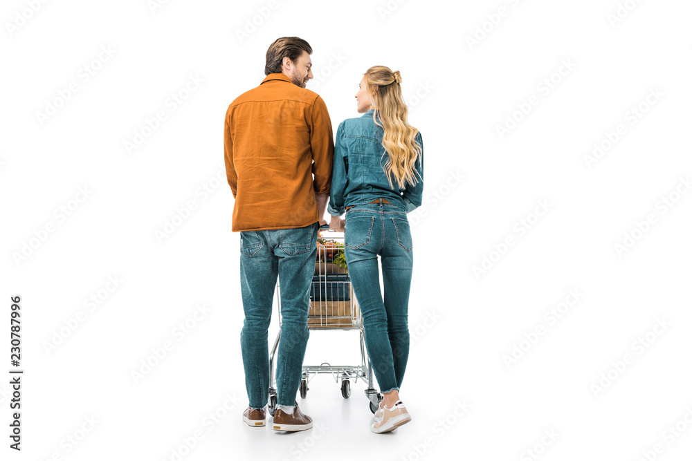 rear view of couple carrying shopping trolley with products and looking at each other isolated on white