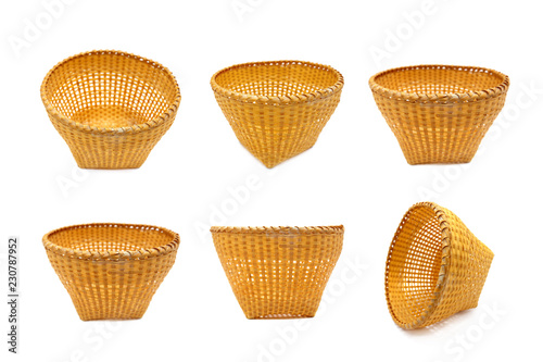 Bamboo basket handmade weaving isolated on white background.