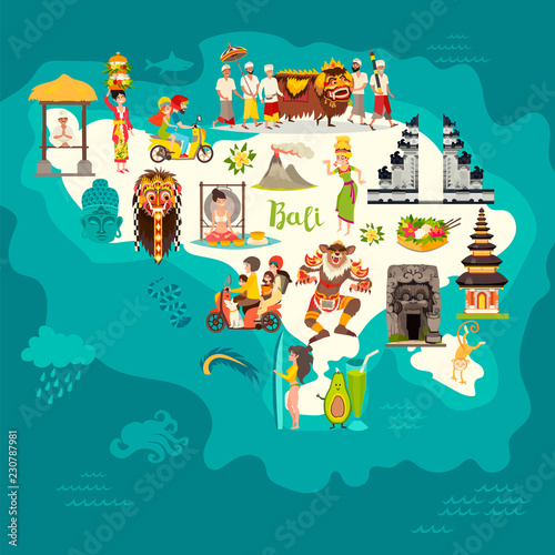 Bali map vector. Abstract atlas poster. Illustrated map of Bali for children/kid. Colorful landmarks design Gate architecture and temple.Traditional new year.Balinese mask and offerings to the spirits