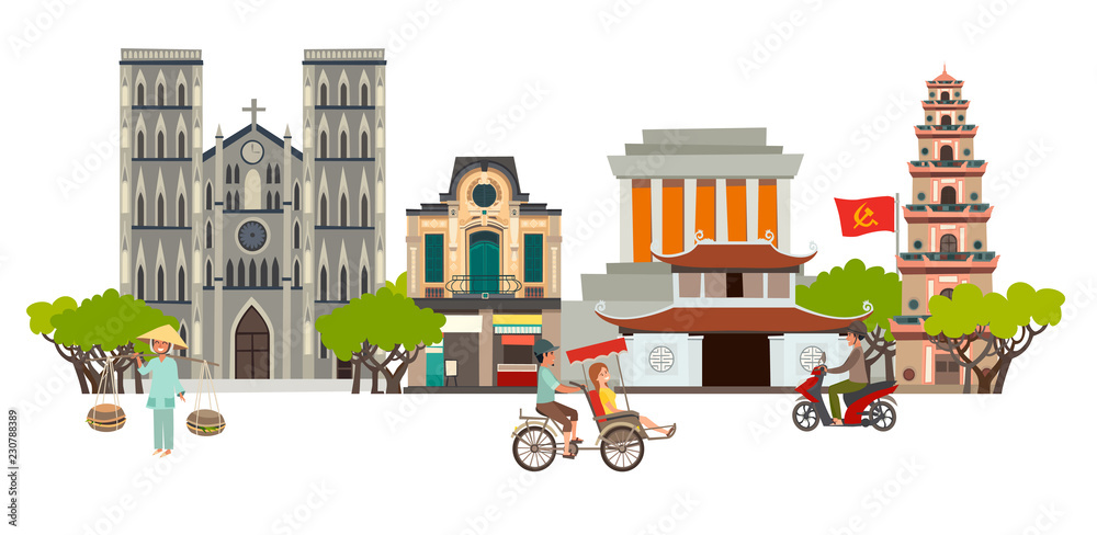 Obraz premium Vietnam city skyline vector art. Abstract street with Pagoda and Church, traditional house. People on motorbike and asian woman. Travel and tourist attraction. Isolated on white background
