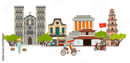 Vietnam city skyline vector art. Abstract street with Pagoda and Church, traditional house. People on motorbike and asian woman. Travel and tourist attraction. Isolated on white background