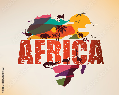 Fototapeta samoprzylepna Mapa podróży Afryki, ozdobny symbol kontynentu afrykańskiego z sylwetkami dzikich zwierząt