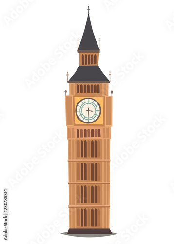 London landmark, Big Ben Clock-tower vector Illustration. England landmark, London city symbol cartoon style. Isolated white background