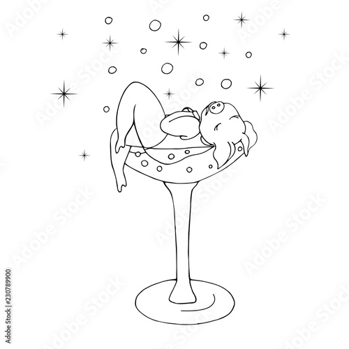 Glamorous appetizing pig seductive among the bubbles in a glass of champagne. Isolated vector freehand drawing on white background.
