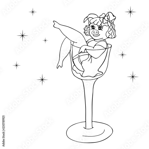 A cheerful glamorous piggy sits in a glass of wine. Isolated vector hand drawing on white background.