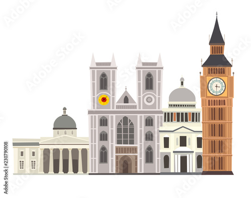 London street skyline vector Illustration. Westminster Abbey, Big Ben Clock-tower and St. Paul's Cathedral buildings icon. England landmark, London city abstract street cartoon style. Isolated white