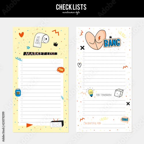 Set of planners and to do list with simple scandinavian illustrations and trendy lettering. Template for agenda, planners, check lists, and other stationery. Isolated. Vector background