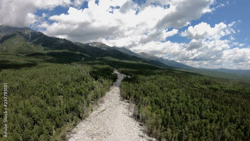 Drone flies forward over the river of stones Drone flies forward over the river of stones