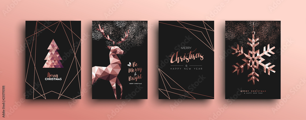 Merry Christmas pink copper deer card collection - obrazy, fototapety, plakaty 