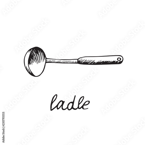 Ladle, hand drawn doodle sketch, black and white vector illustration