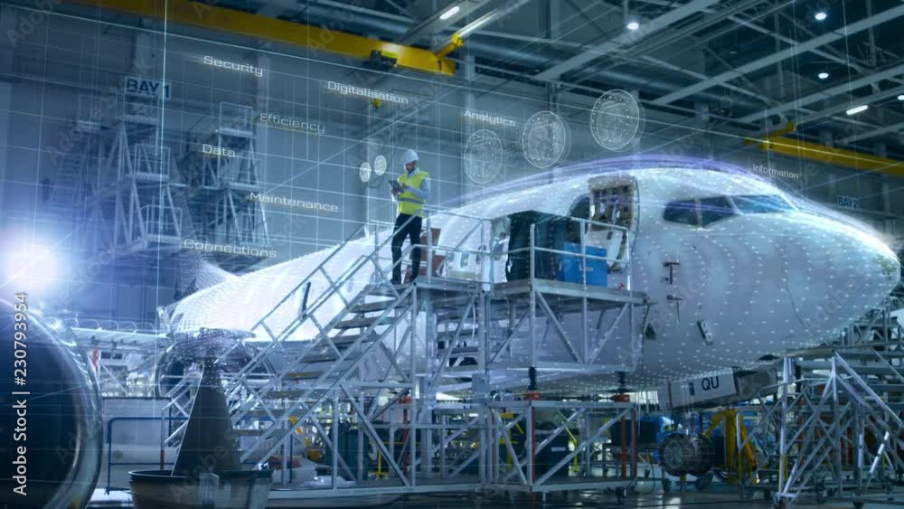 Concept of: In Hangar Engineer Holding Tablet Computer Standing On a Ramp Near Airplane Conducts Digitilized Maintenance Analysis. Animated 