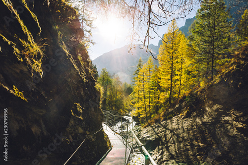 The footbridge of the Leukerbad thermal springs (Dala gorge) during fall. photo