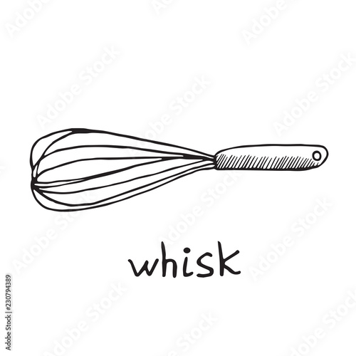 Whisk, hand drawn doodle sketch, black and white vector illustration
