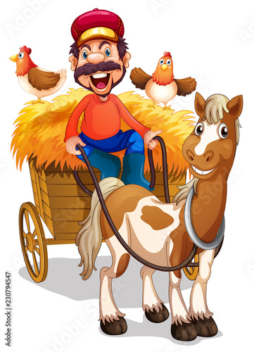 A farmer riding horse cart