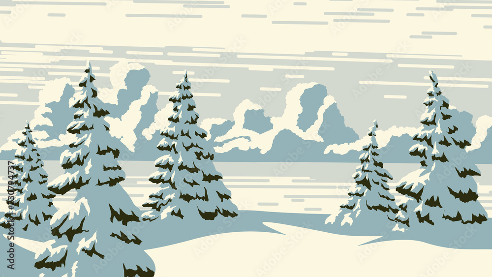 Naklejka premium Horizontal illustration of snowy spruces with clouds.