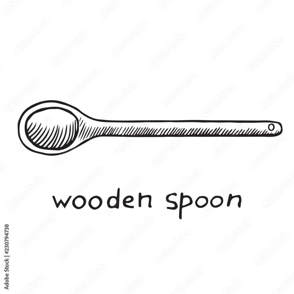 Wooden spoon, hand drawn doodle sketch, black and white vector