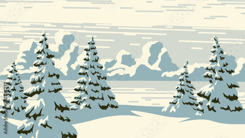 Horizontal illustration of snowy spruces with clouds.