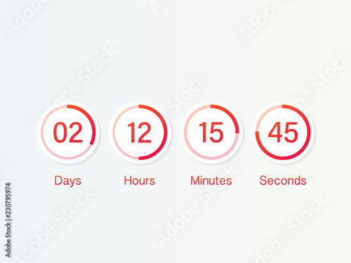 countdown clock counter timer. UI app digital count down circle board meter with circle time pie diagram. Scoreboard of day, hour, minutes and seconds for web page coming soon event template
