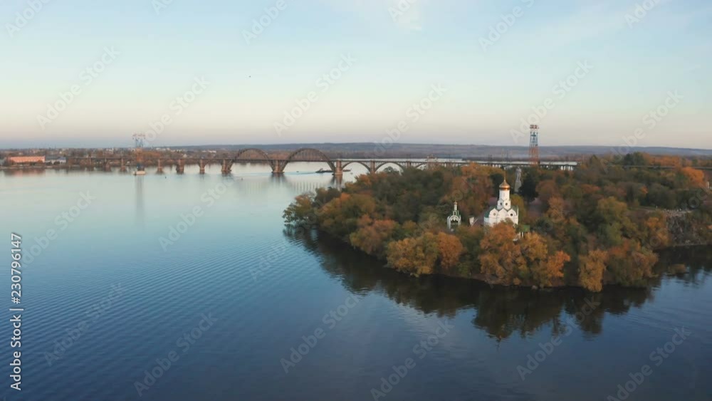 Autumn panoramic aerial top view of church on Monastic island on Dnieper river in Dnipro city. Autumn panoramic aerial top view of church on Monastic island on Dnieper river in Dnipro city.