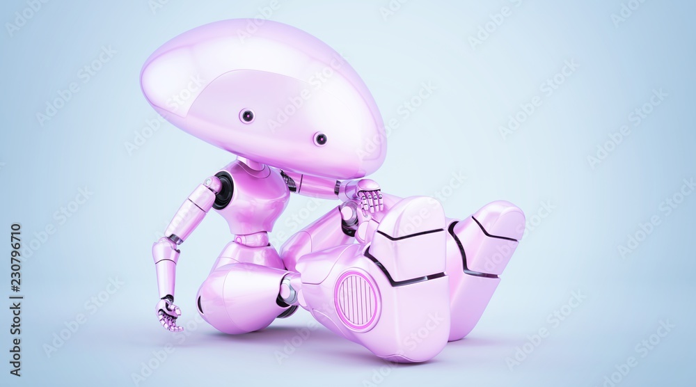 Fototapeta premium Mushroom lady robot in sexy reclining pose leaning elbow on knee, 3d illustration / Mushroom lady reclining