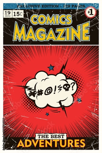 Comic book cover. Explosion of cloud with cursing.