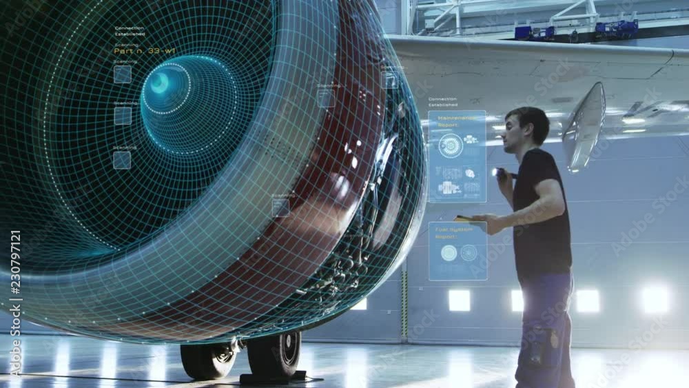 Concept of: Visualization Of Futuristic Airplane Engine Maintenance Conducted by Engineer Holding Tablet Computer. Animation of Digitalization of Analytics Checking Optimal Functioning of the Plane.