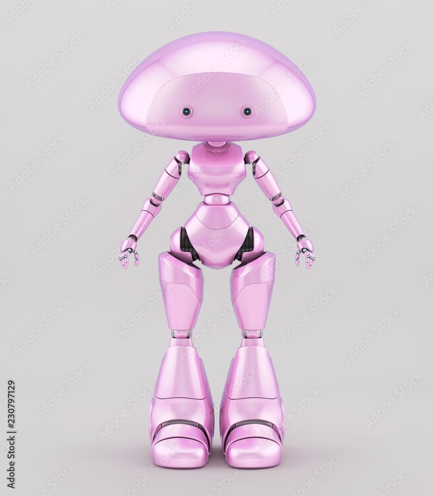 Fototapeta premium Smooth and lovely character - mushroom lady robot in pink, 3d illustration / Mushroom lady robot in pink