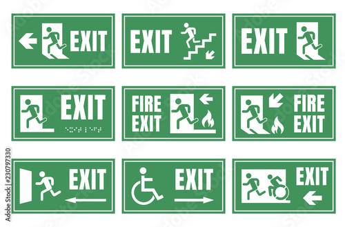 set of emergensy exit signs, fire exit labels