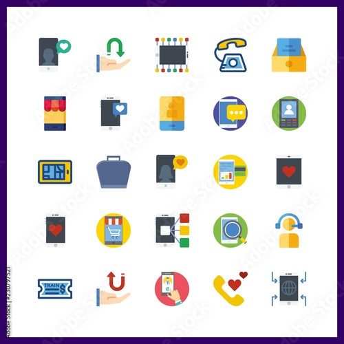 25 telephone icon. Vector illustration telephone set. train ticket and smartphone icons for telephone works