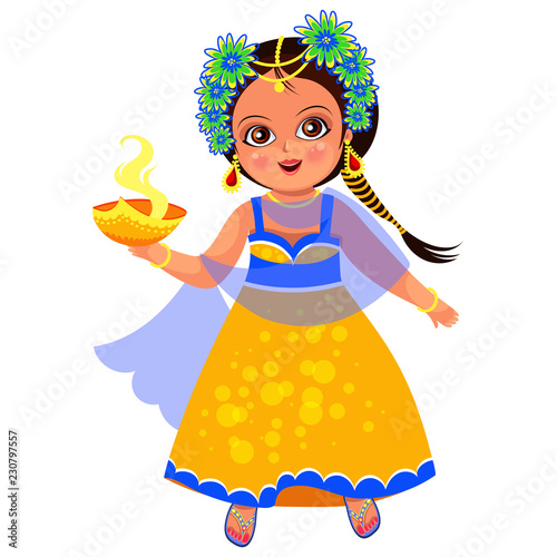 Diwali holiday and little girl with flame bowl photo