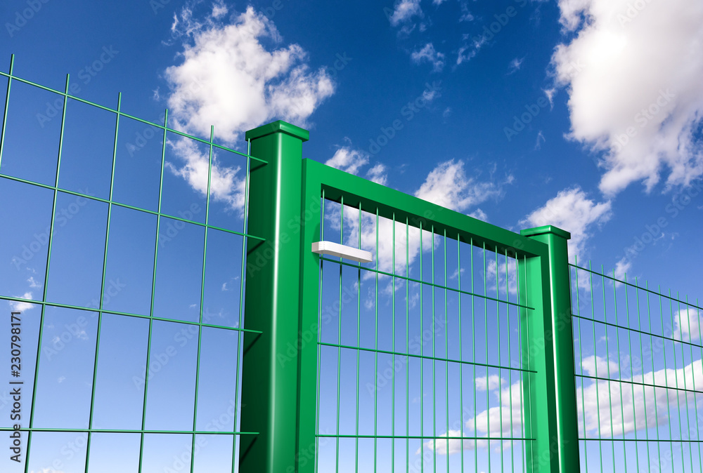 grating wire industrial fence panels and gate with clouds sky