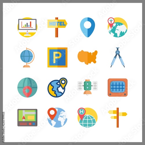 16 map icon. Vector illustration map set. planet earth and compass icons for map works